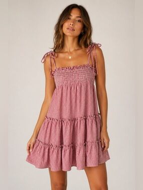 STORIA Gingham Smocked Tiered Mini Dress Cottagecore Summer S